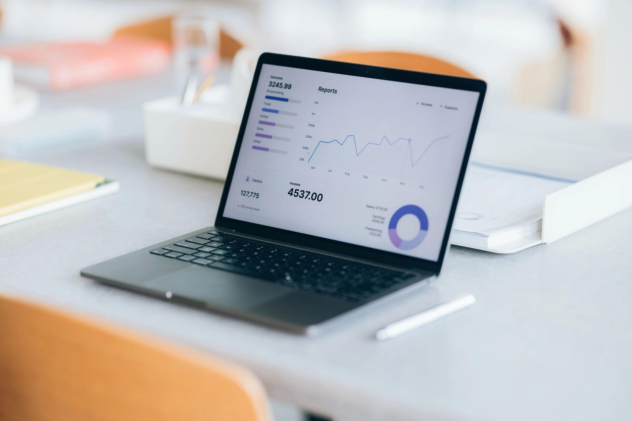 Laptop showing analytics reports on a desk